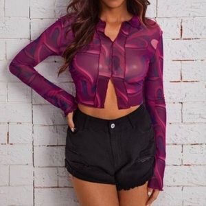 Marble Print Top-stitching Crop Mesh Top